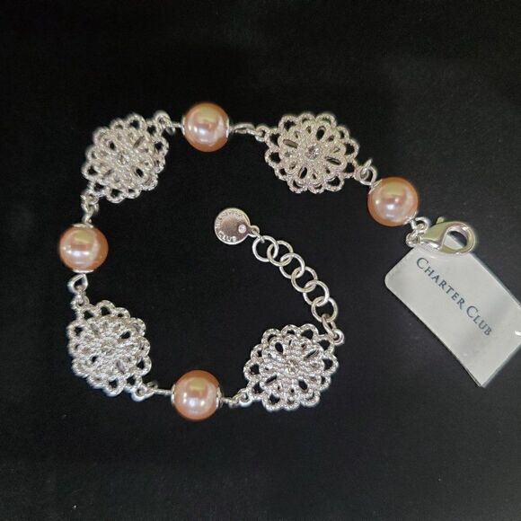 Charter Club Silver Tone Pink Pearl Tower Bracelet - Picture 1 of 3